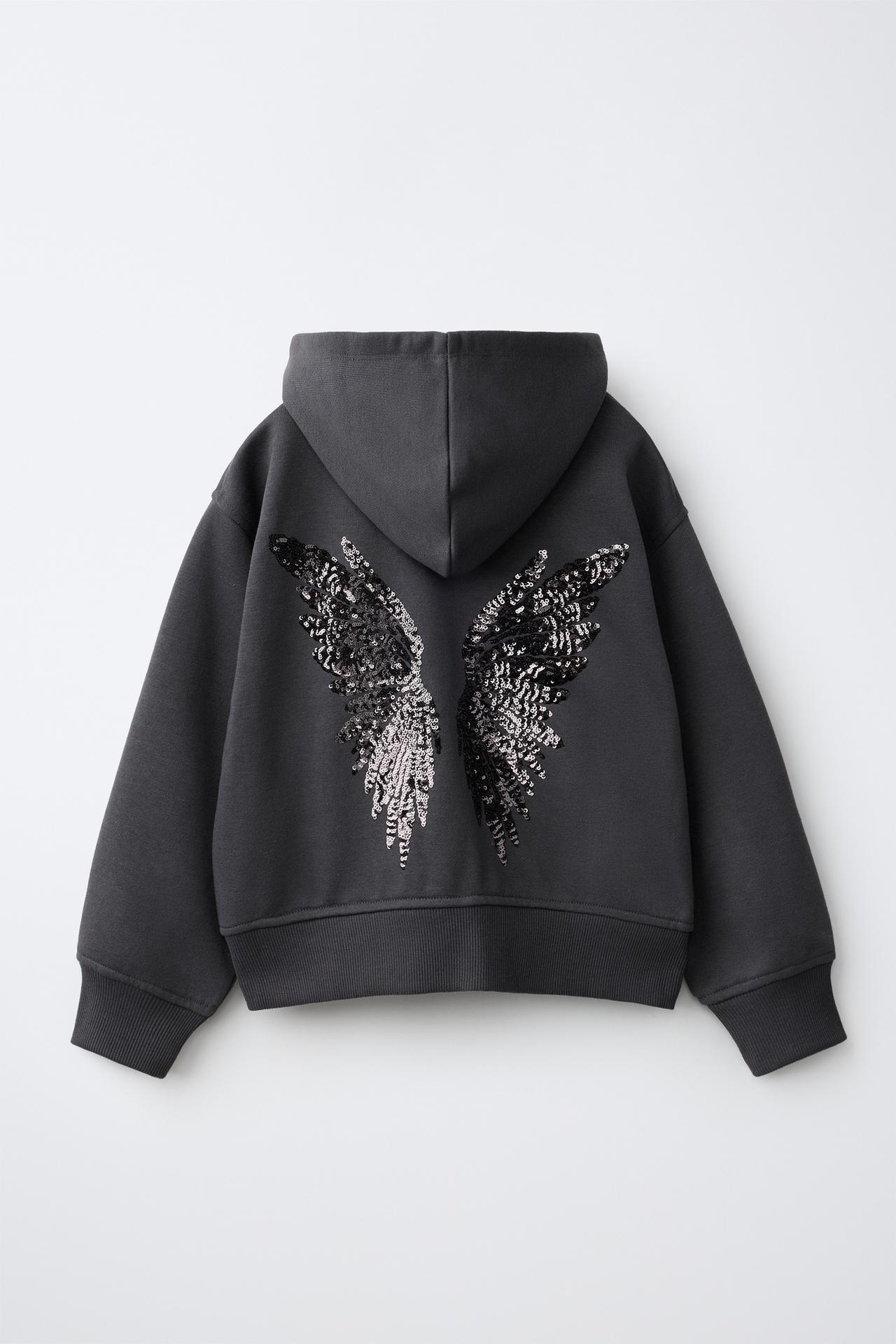 SEQUINED WING ZIP HOODIE — Anthracite grey