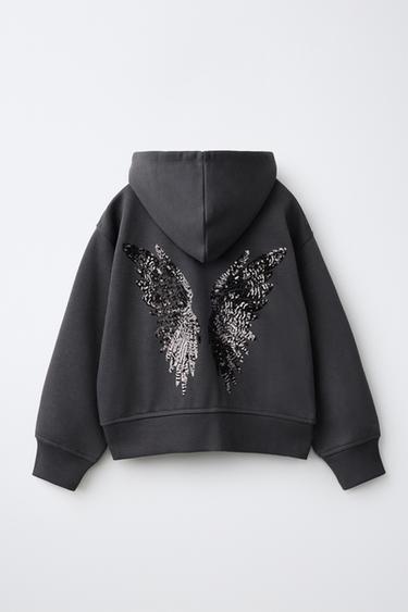 SEQUINED WING ZIP HOODIE — Anthracite grey 1