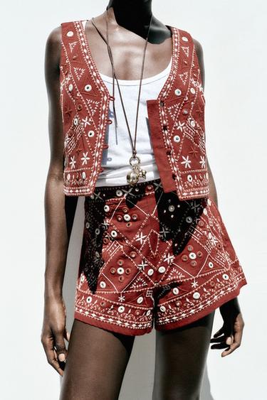 Zara EMBROIDERED MIRROR VEST - Terracotta