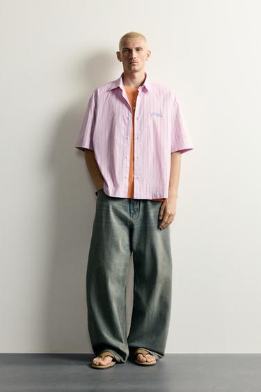 Zara STRIPED EMBROIDERED BOXY FIT SHIRT - Violet