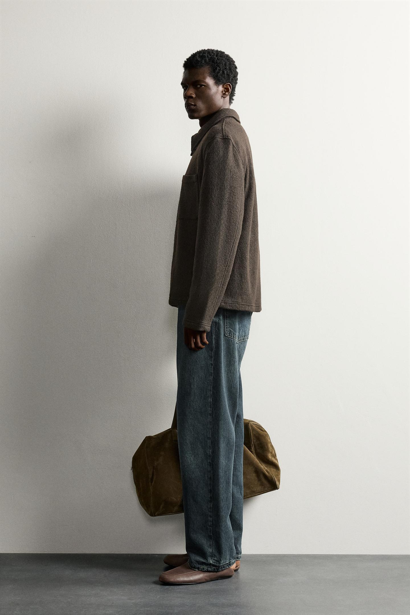 Мужская рубашка Zara Viscose-Wool Blend Textured Overshirt, цвет: Тёмный коричневый — фото 4