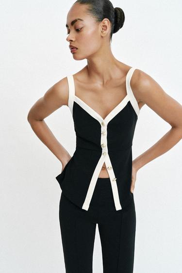 CONTRAST BUTTON TOP - Black by Zara