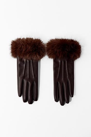 SHORT FAUX LEATHER AND FAUX FUR GLOVES - Brown by Zara
