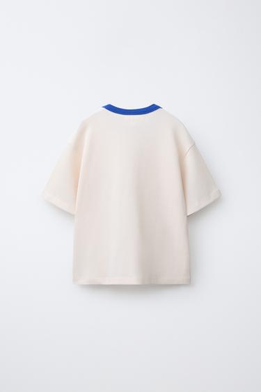 CONTRAST WAFFLE-KNIT T-SHIRT - Ecru / Blue by Zara - Image 1