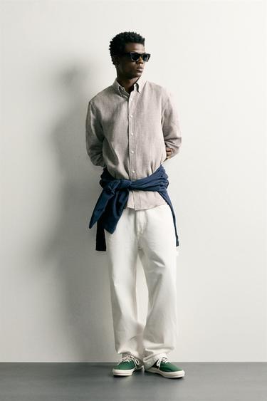 100% LINEN REGULAR FIT CHECKED SHIRT - camel by Zara