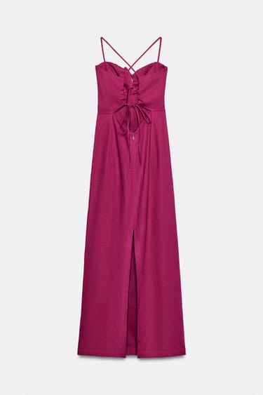 STRAPPY LINEN BLEND MIDI DRESS - Magenta by Zara - Image 7