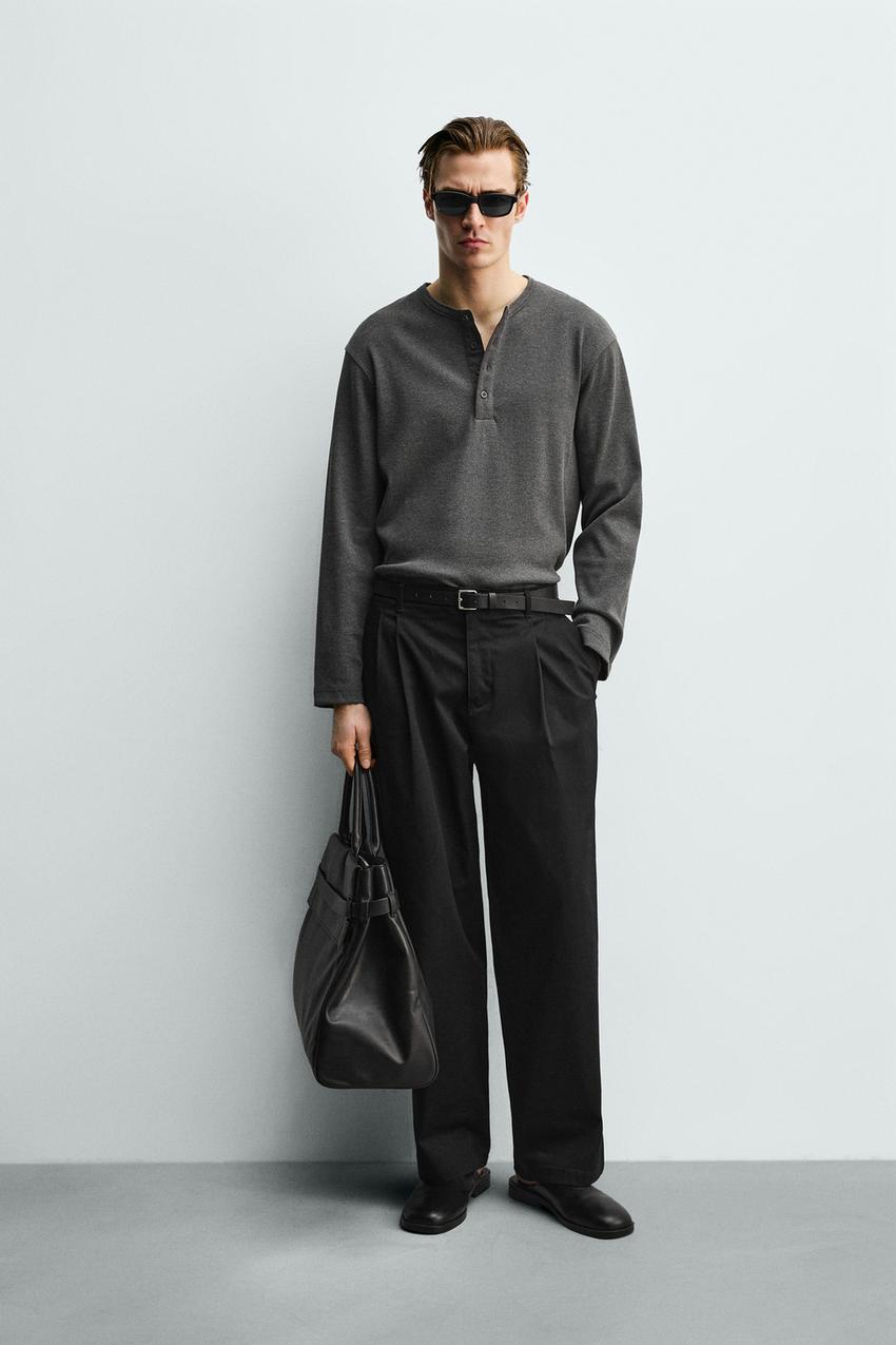 Zara - Rib Knit Henley Shirt - Dark Gray - S - Man Zara - Rib Knit Henley Shirt - Dark Gray - S - Man