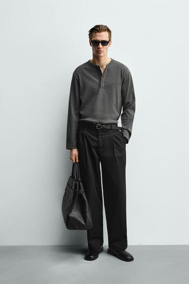 RIBBED HENLEY T-SHIRT - Dark grey by Zara - Image 0