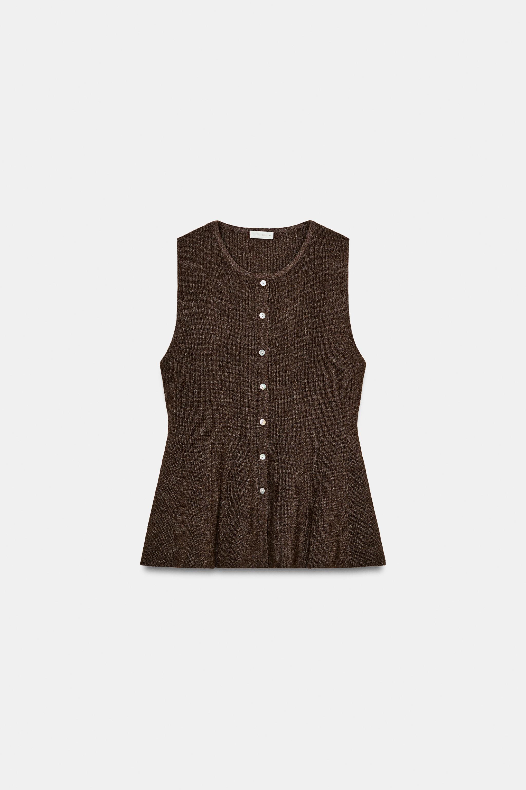 ボタン付きリブペプラムトップス - グリッターブラウン | ZARA Japan