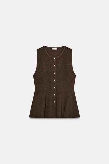 RIB PEPLUM BUTTON TOP - brown vigore by Zara