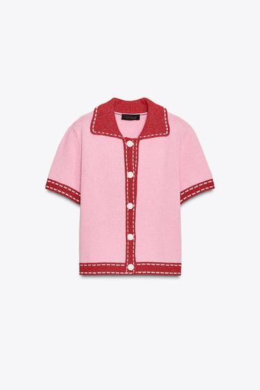 STITCHED KNIT CARDIGAN WITH SHORT SLEEVES - Pink by Zara - Image 4