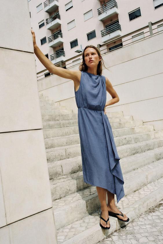 VESTIDO MIDI MANGA SISA CON LINO - Azul lavado de Zara - Imagen 0