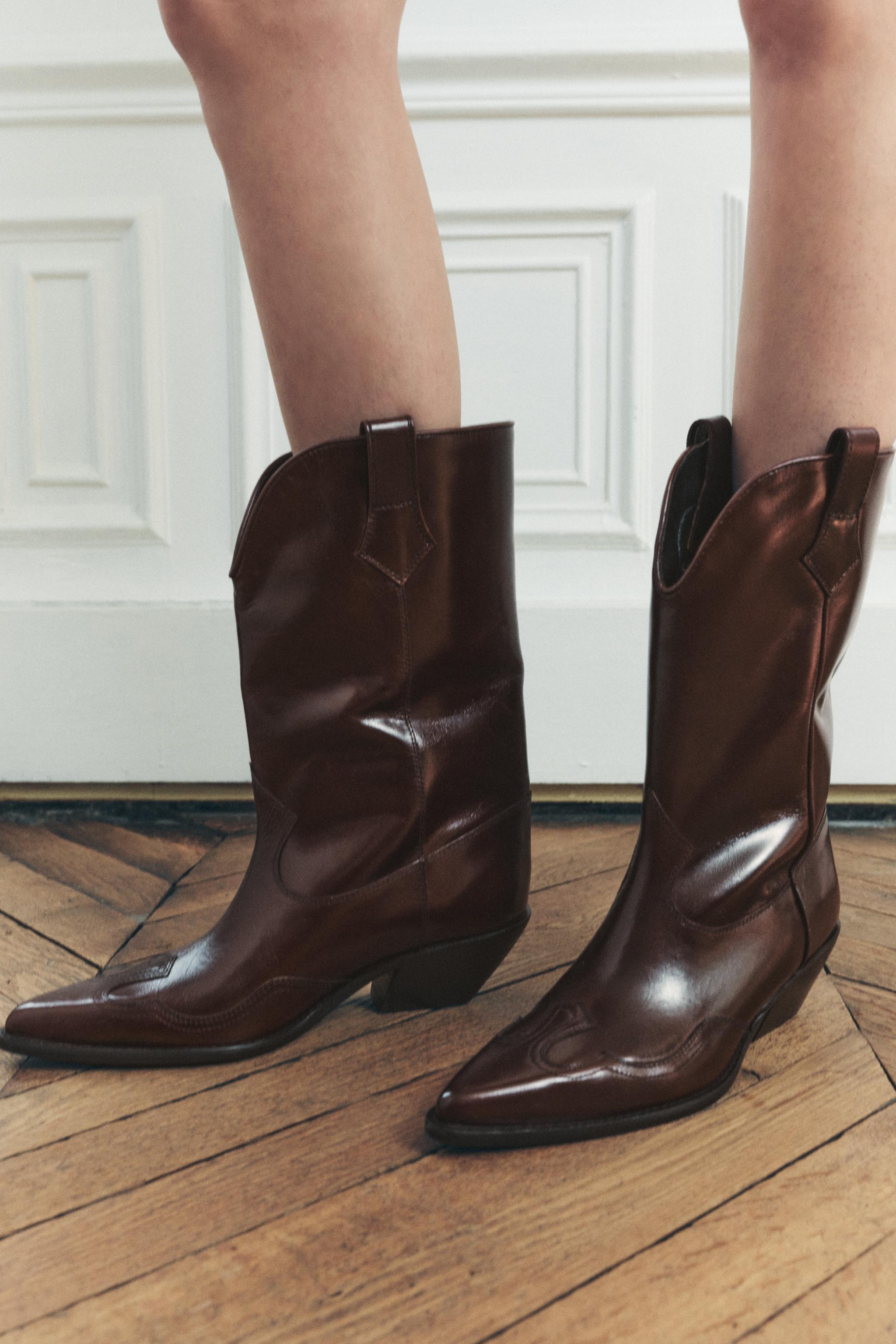 BOTTES STYLE COW BOY EN CUIR Bordeaux ZARA France