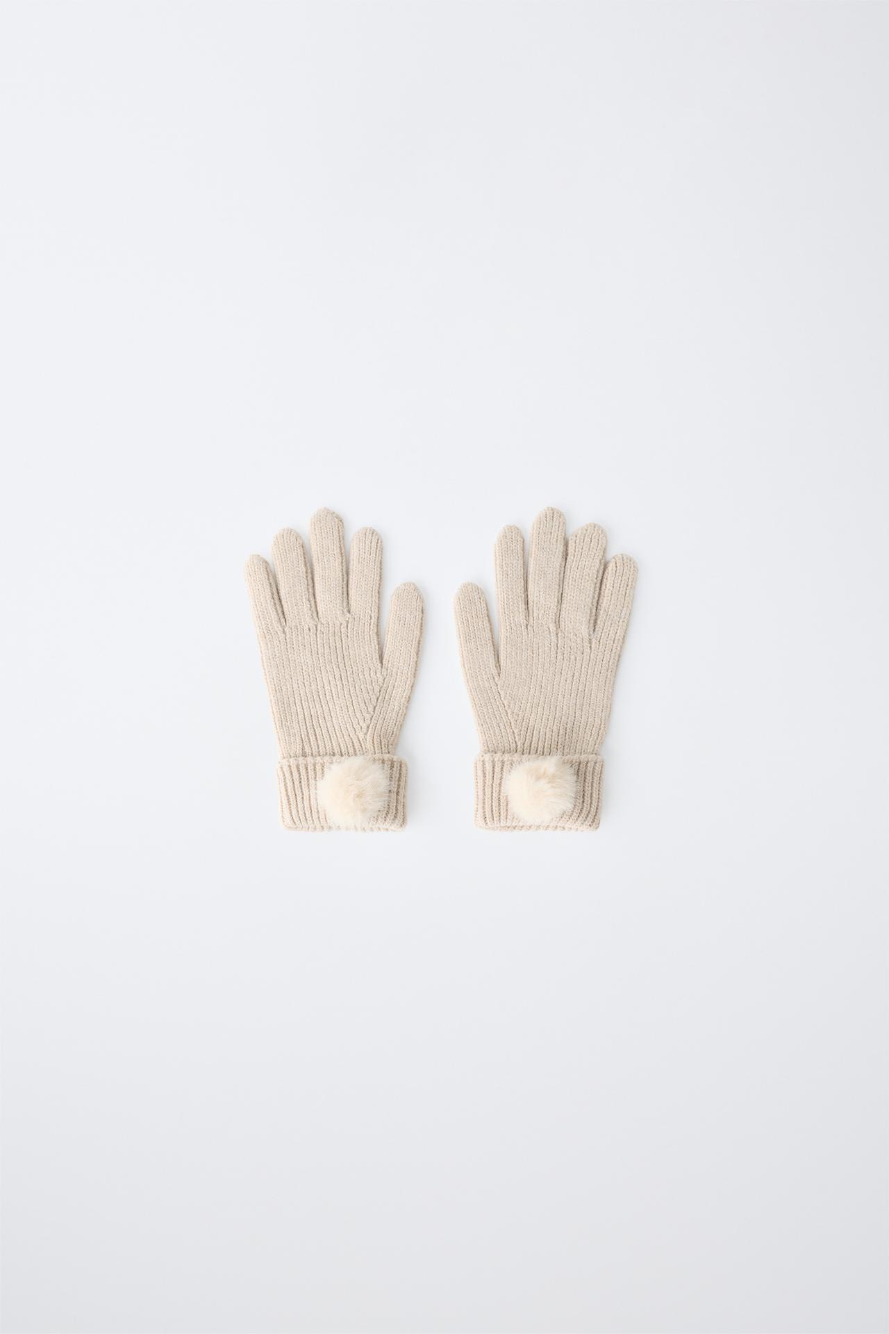 POM-POM KNIT GLOVES — Sand
