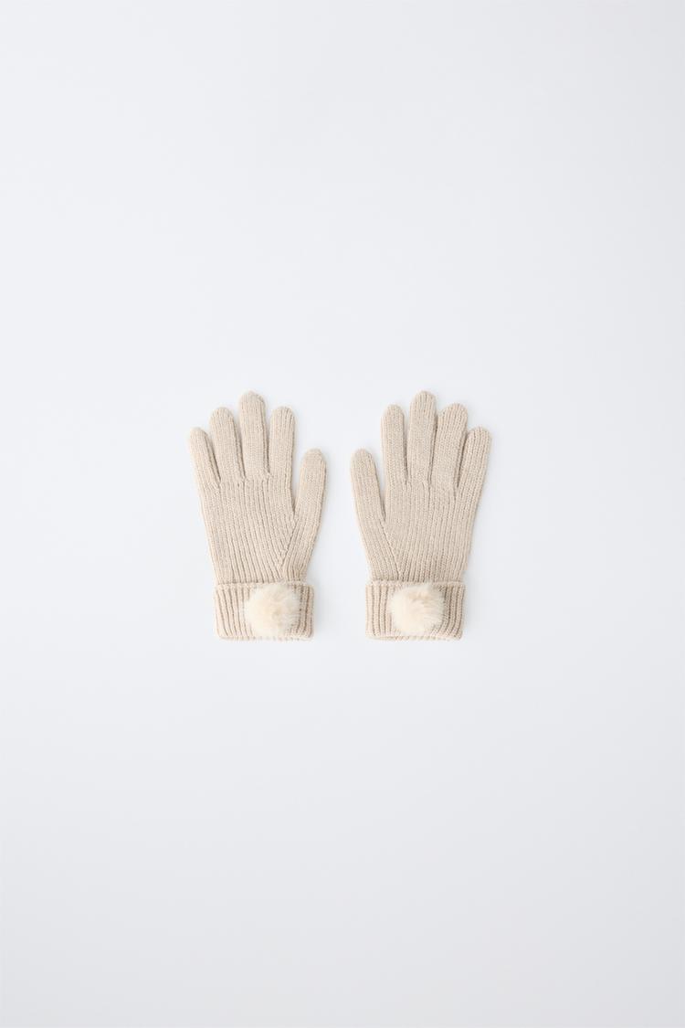POM-POM KNIT GLOVES — Sand