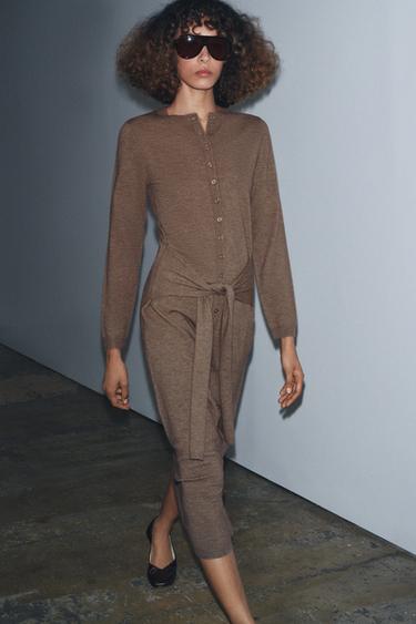 KNIT MIDI DRESS WITH BELT - Brown / Taupe by Zara