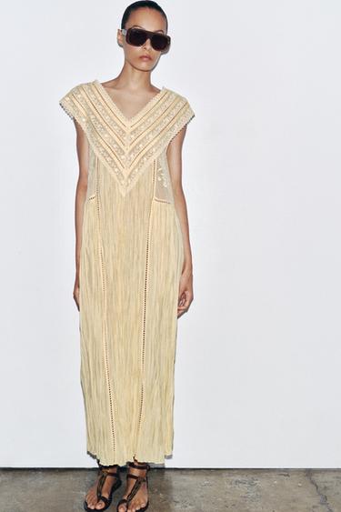 Zara ZW COLLECTION EMBROIDERED PLEATED DRESS - Yellow