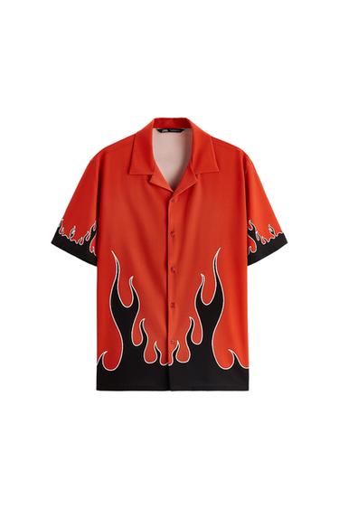 Orange and black short-sleeve shirt with a flame print on the hem and sleeves. Lapel collar and front button closure. White background.