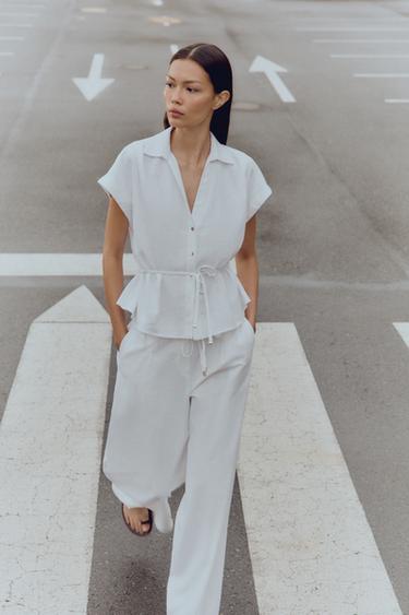 BLOUSE CEINTURE AVEC LIN - Blanc de Zara - Image 4