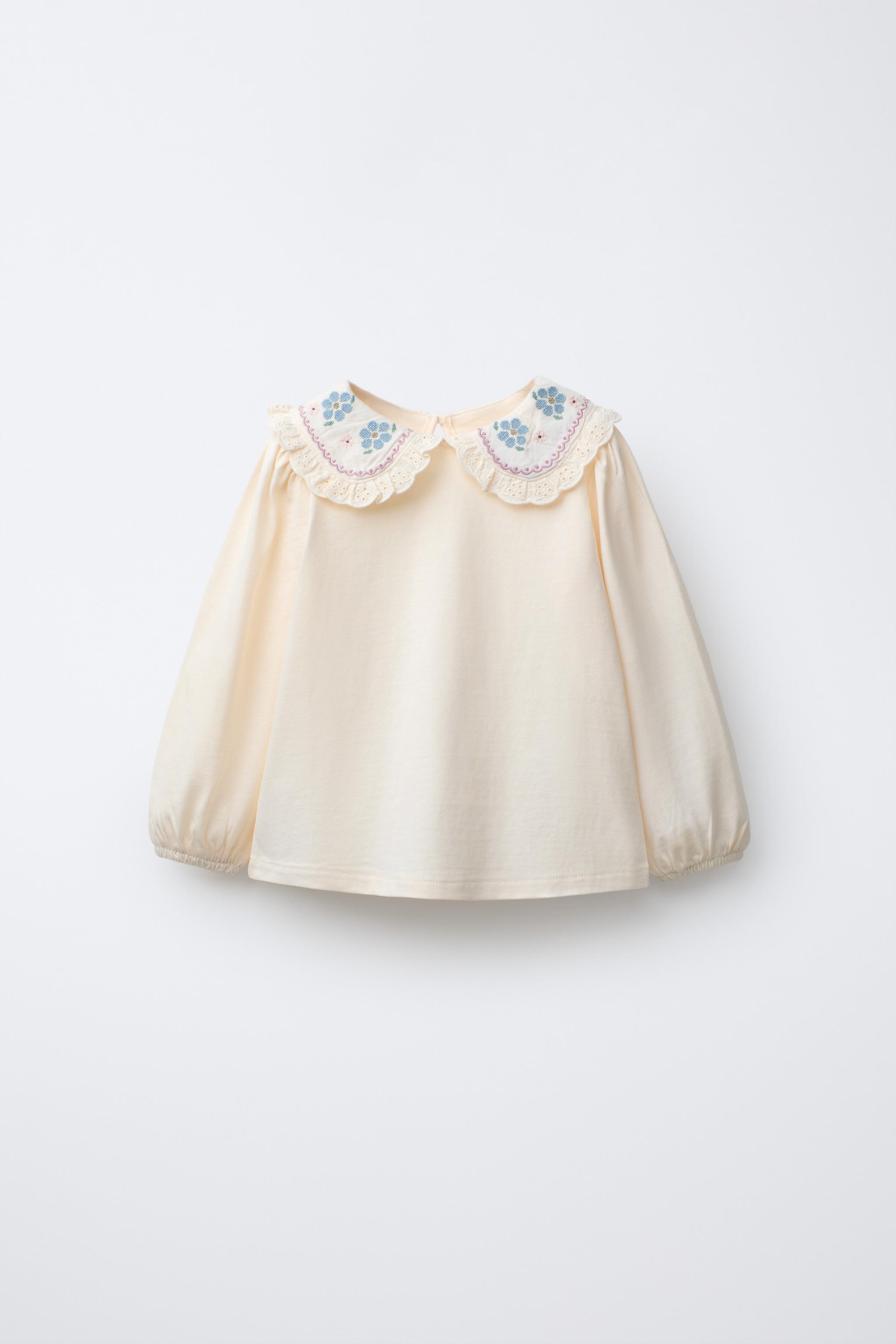 EMBROIDERED PETER PAN COLLAR T-SHIRT - Ecru | ZARA United States
