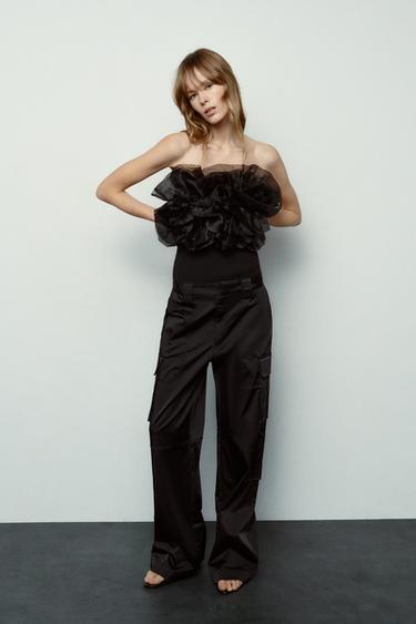 RIBBED BODYSUIT WITH RUFFLES - Black