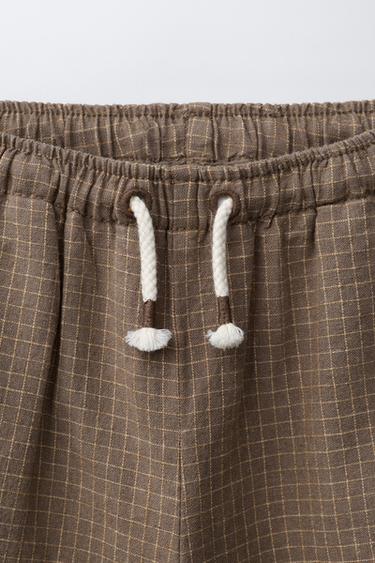 COTTON LINEN CHECK TROUSERS - Brown by Zara - Image 2