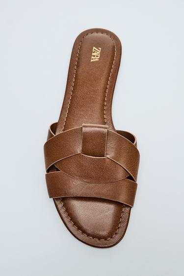 CROSSED FLAT LEATHER SANDALS - Brown by Zara
