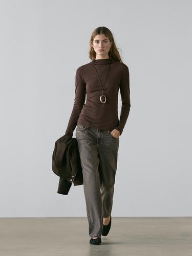 T-shirt en coton à manches longues finition côtelée - Marron de Zara - Image 0