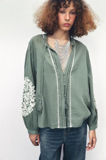LACE BLOUSE - Light khaki by Zara - Image 0