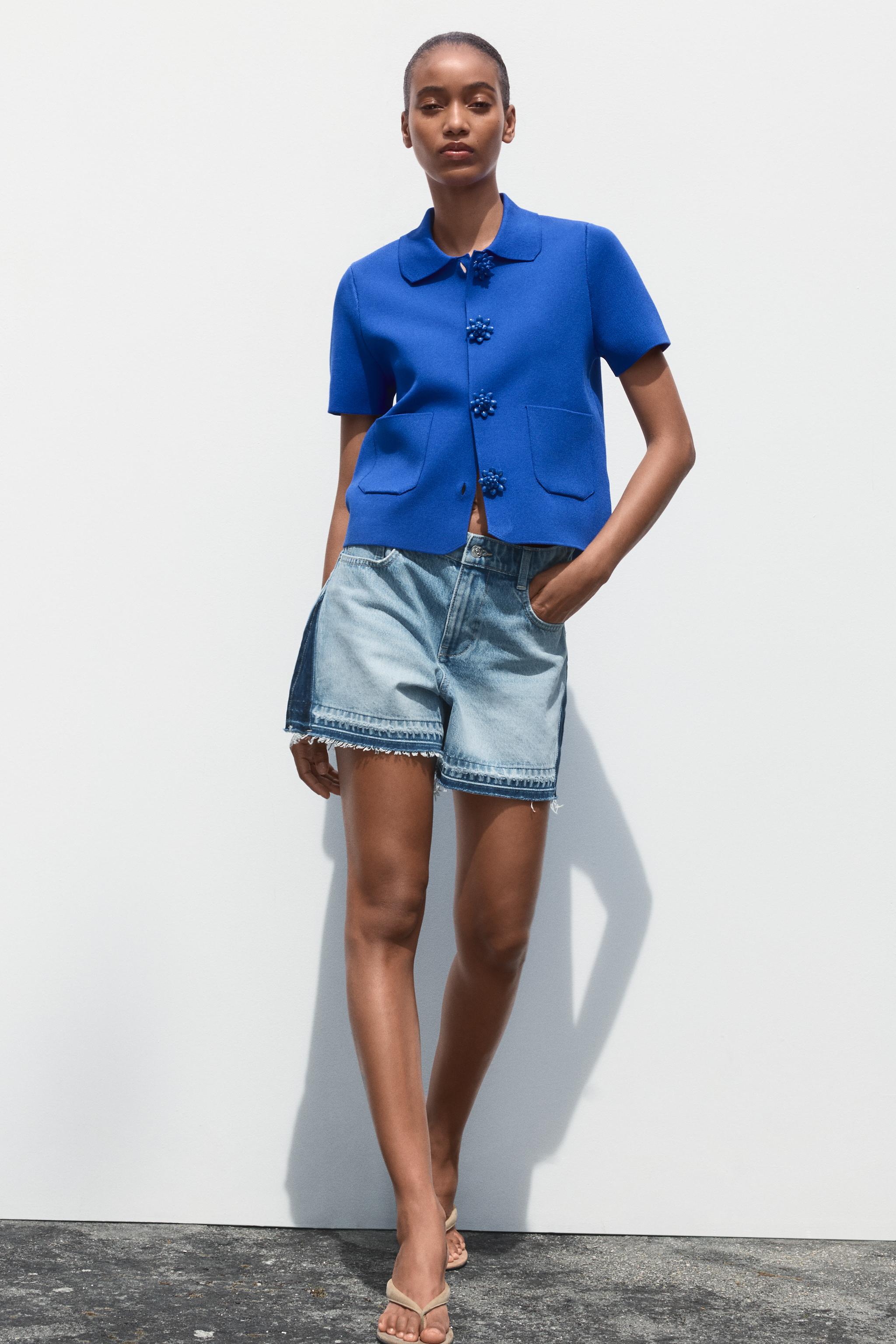 ビーズボタン付きニットカーディガン - 濃青 | ZARA Japan / 日本