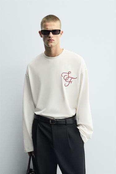 Zara BOXY FIT EMBROIDERED T-SHIRT - White