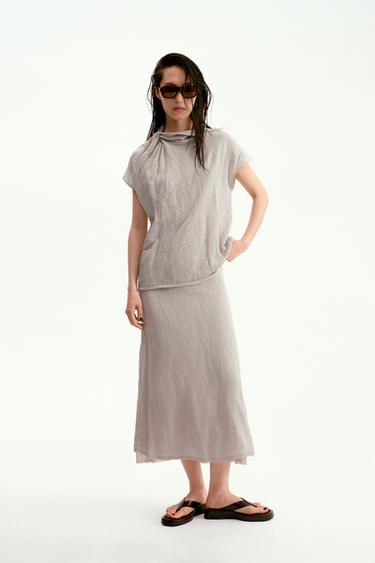 Zara 褶皺針織中長裙 - 沙色 / 斑紋