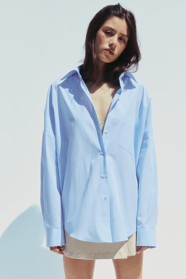 Zara OVERSIZED STRIPED POPLIN SHIRT - White / Sky blue