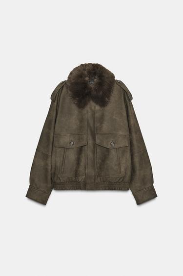 Zara REMOVABLE COLLAR FAUX SUEDE JACKET - Khaki