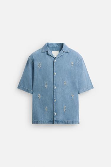 CONTRAST EMBROIDERY DENIM SHIRT - Mid-blue by Zara