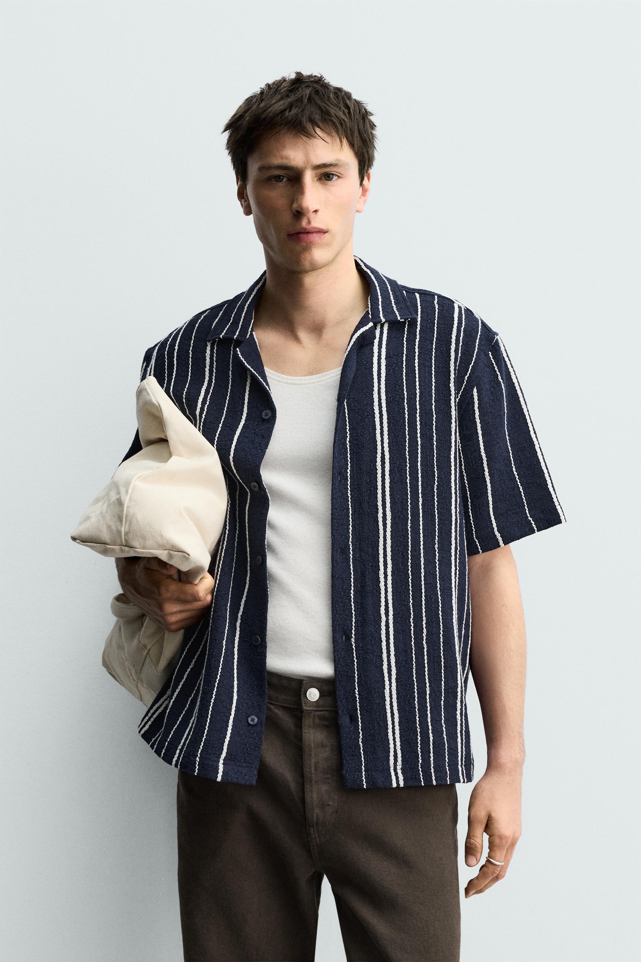 REGULAR FIT STRIPED JACQUARD SHIRT — Navy blue