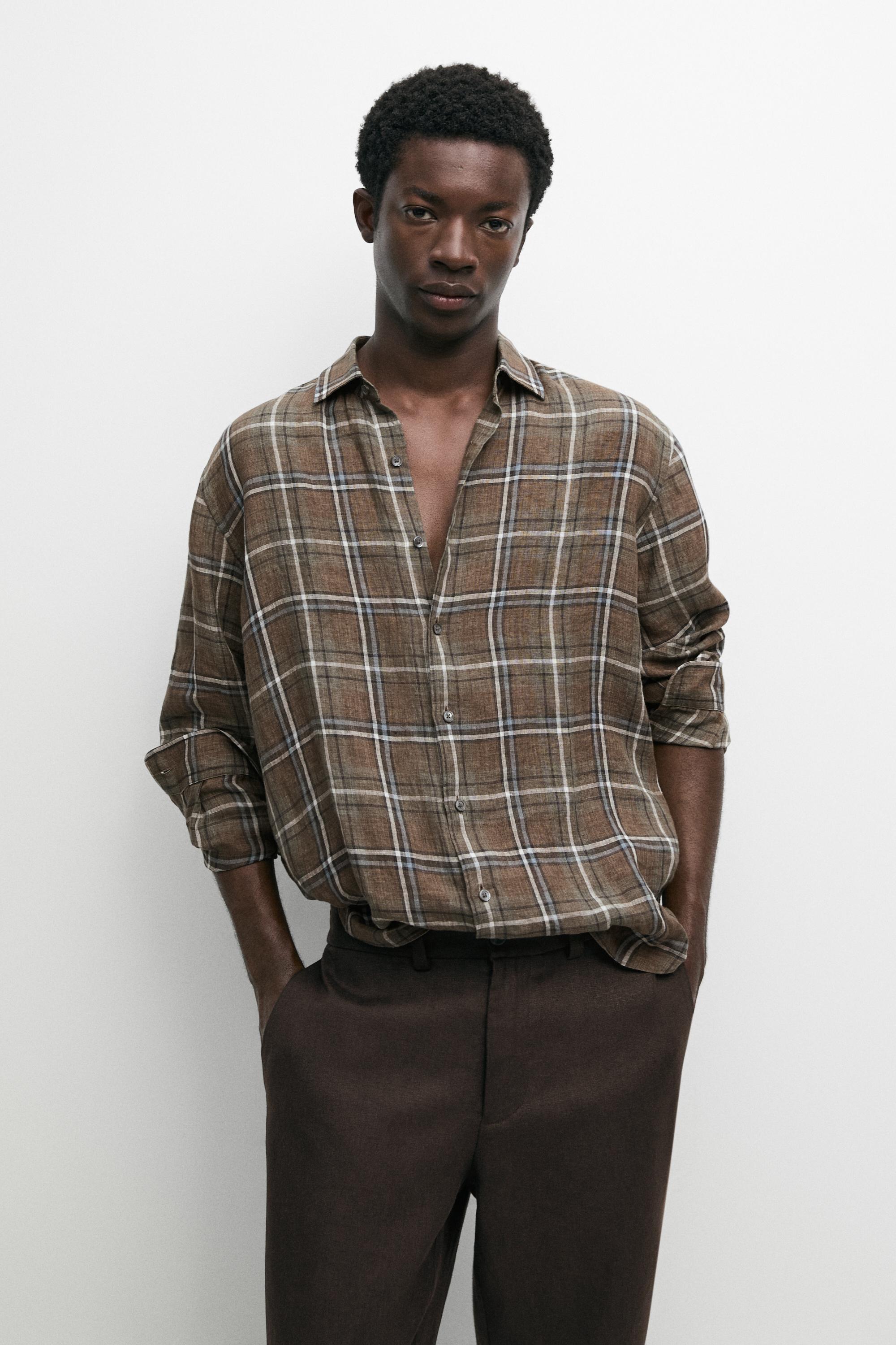 100% linen regular fit check shirt — Green