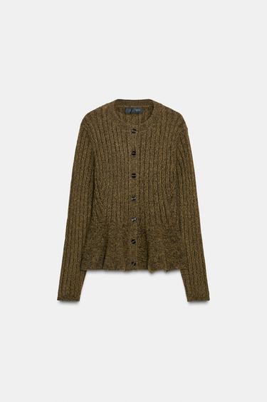 Zara PEPLUM RIBBED CARDIGAN - Green marl