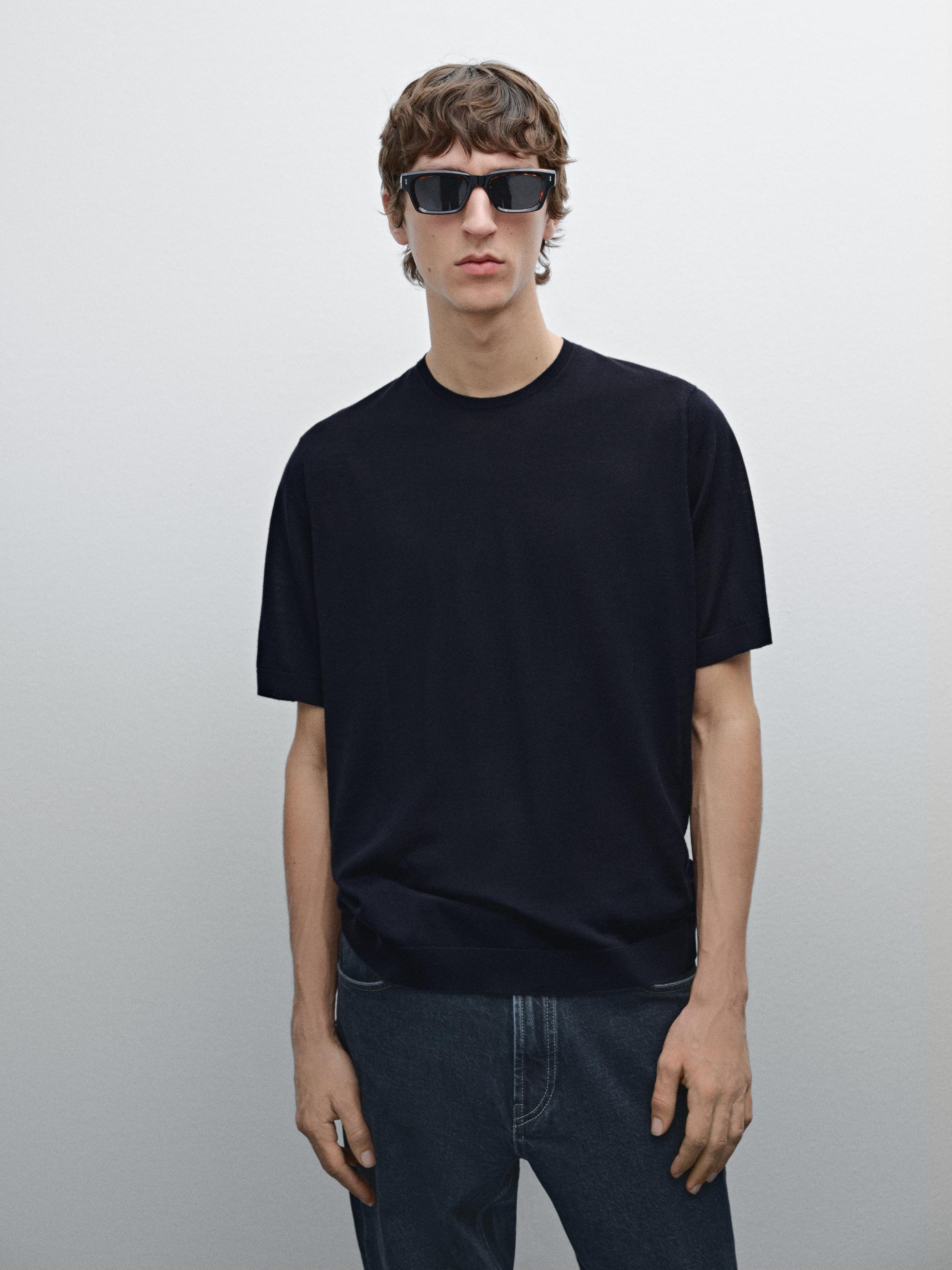 100% merino wool knit T-shirt - Navy blue | ZARA United States