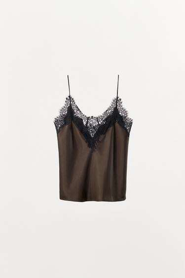 SATIN TOP WITH CONTRAST LACE - GREEN by Zara - Image 3