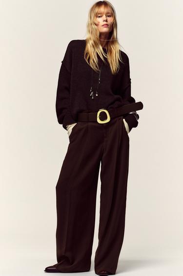 Zara WIDE LEG BELTED PANTS - Dark maroon
