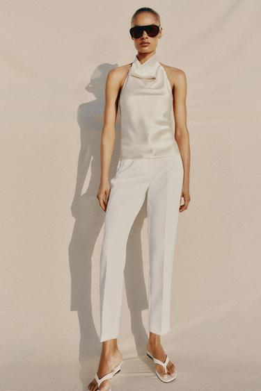 Zara SATIN EFFECT HALTER TOP - Ecru
