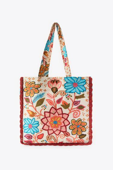 Zara EMBROIDERED FLORAL PRINT MAXI BAG - Multicolored