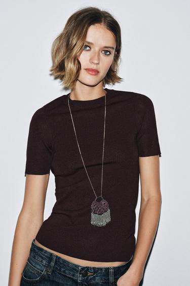 TOP EN MAILLE UNIE À MANCHES COURTES - Aubergine de Zara