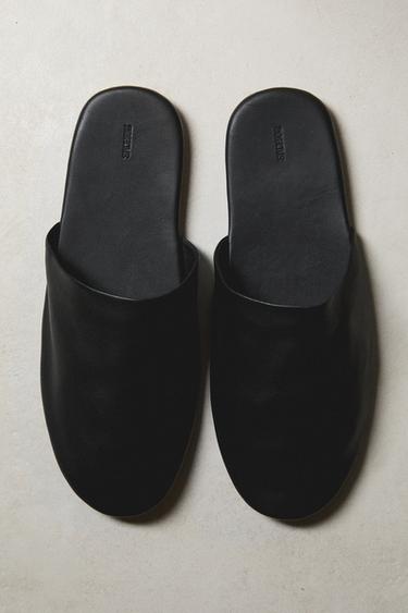 Zara LEATHER MULE SLIPPERS - Black - Image 0