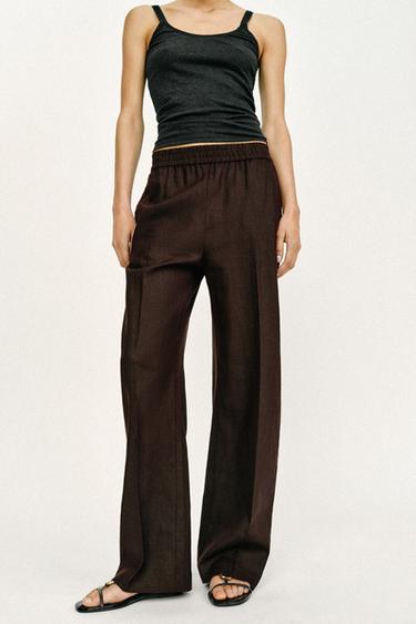 بنطلون مستقيم من الكتان - بني داكن by Zara