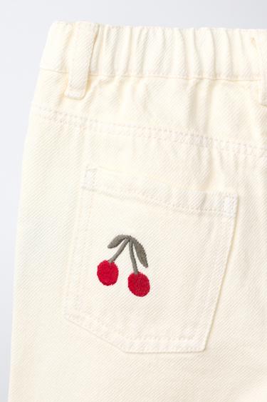 EMBROIDERED CHERRY TWILL CULOTTES - Beige by Zara