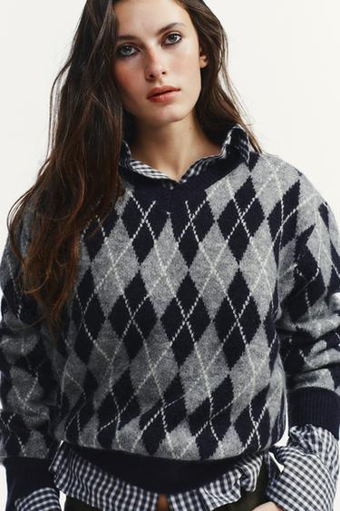 DIAMOND KNIT JUMPER - Grey / Blue by Zara