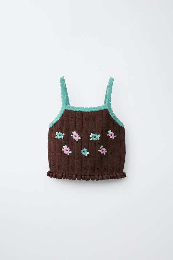 TOP CROPPED PUNTO FLORES BORDADAS - Chocolate de Zara - Imagen 0