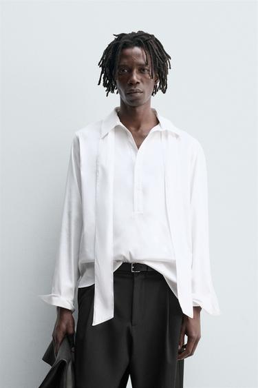Zara FLOWY TIE SHIRT - Oyster-white